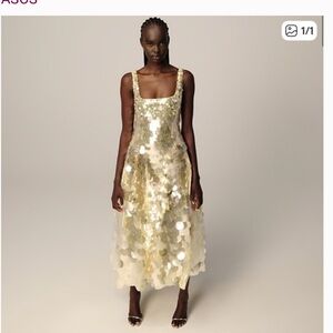 ISO: ARRANGE embellished disc sequin square neck midi dress in lemon or silver